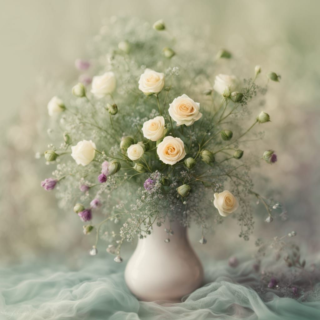 Twilight Garden Botanical Illustration in Ethereal Style