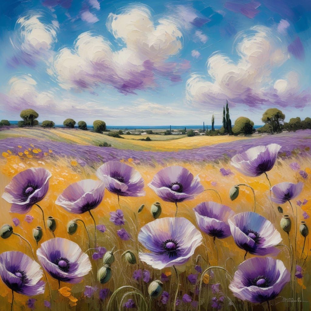 Dreamy Impressionist Field of Purple Poppies