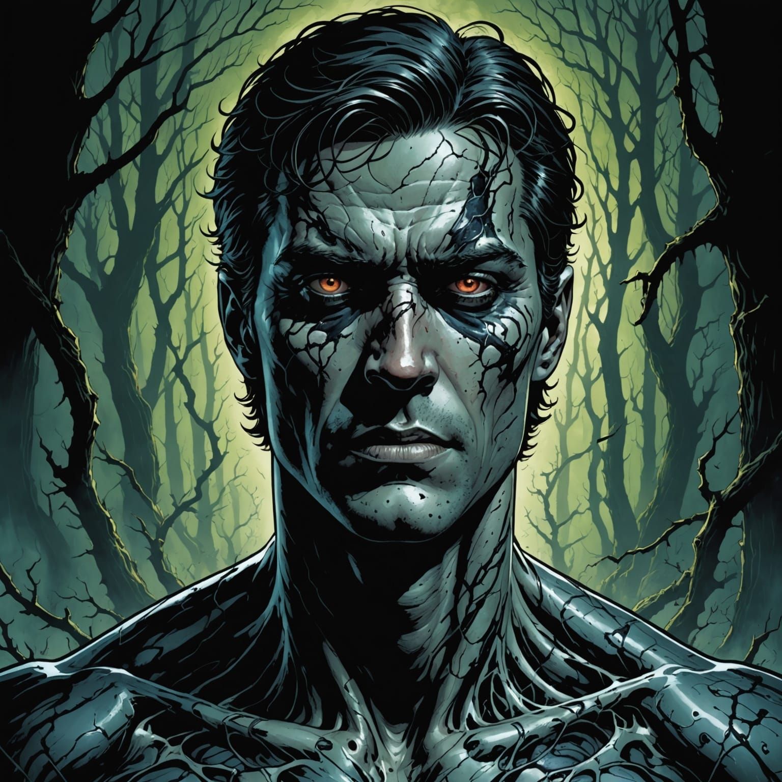 Dark Figure with Veins and Black Eyes