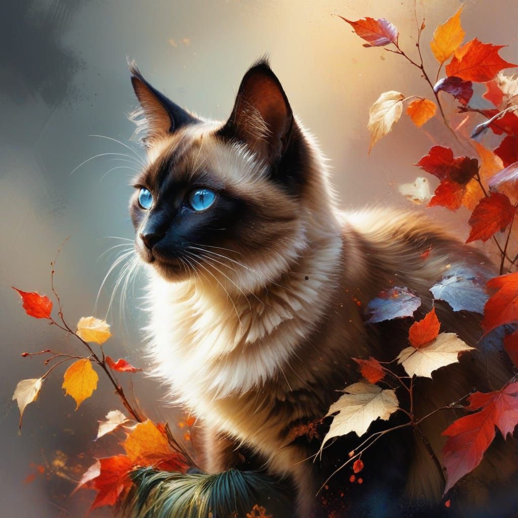Siamese Cat in Autumnal Oil Painting