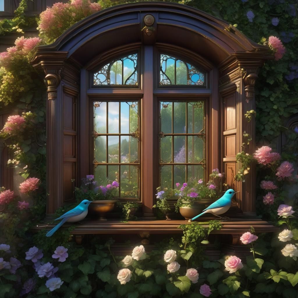 Steampunk Cottage Window with Iridescent Bird
