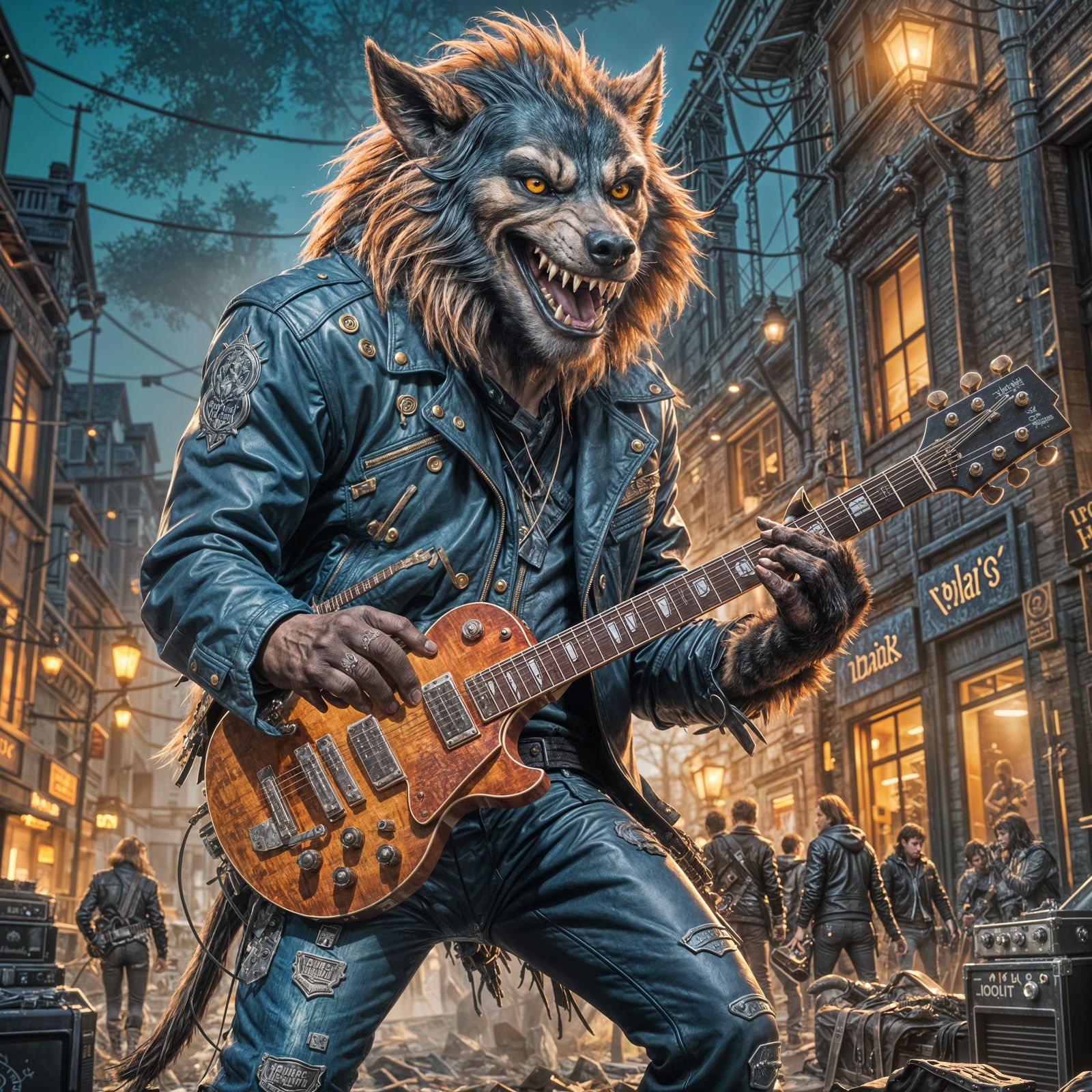 Rock and Roll Werewolf Shredding a Les Paul Guitar