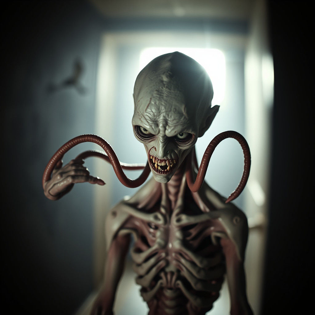 Eerie Humanoid Worm Hybrid in Haunting Photography