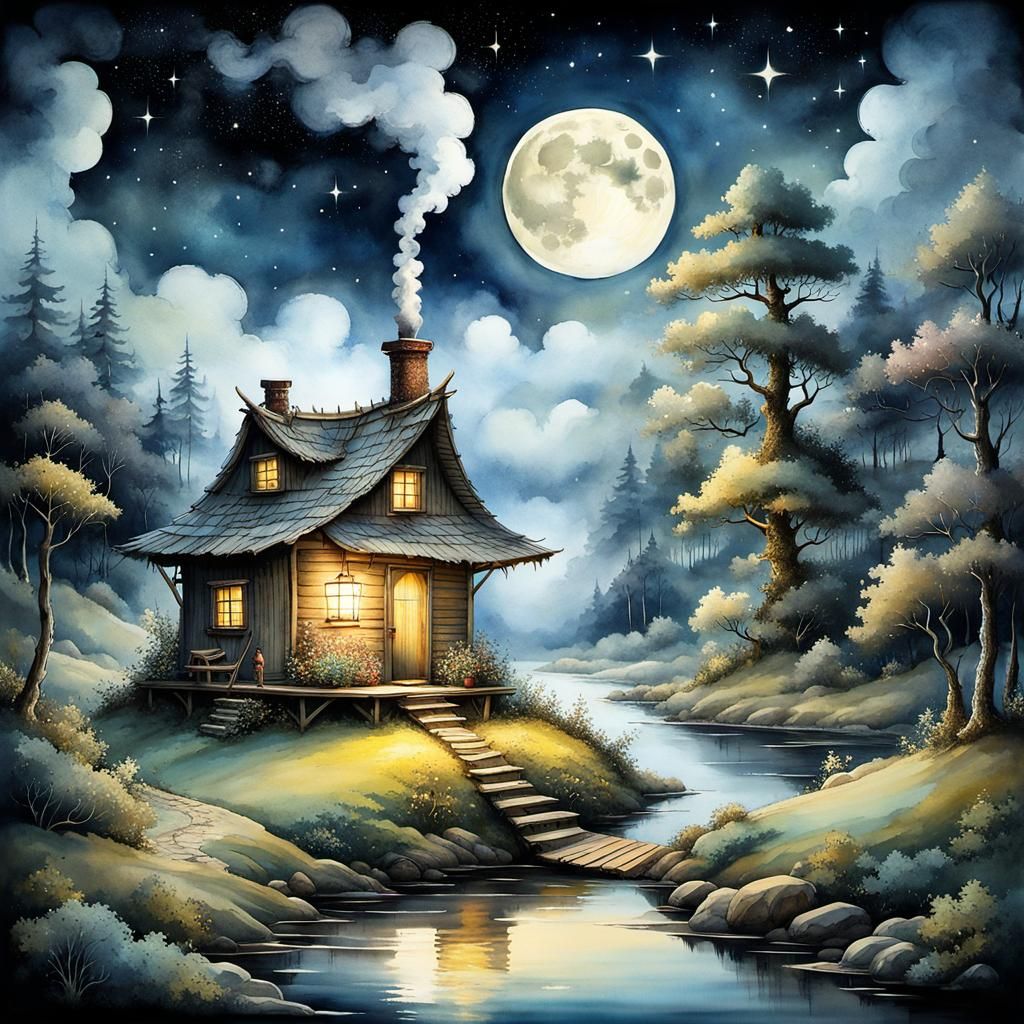Mystic Hut Under Moonlight: Watercolor Ink Illustration