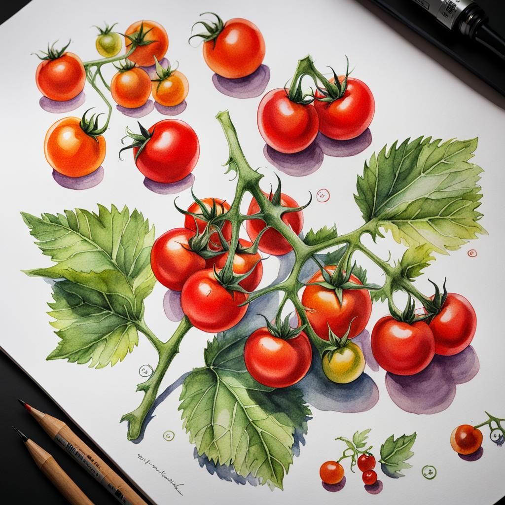 Botanical Ink Drawing of Cherry Tomatoes
