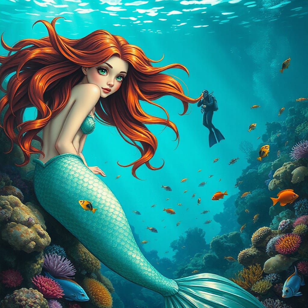 A beautiful mermaid with brilliant bright emerald green eyes