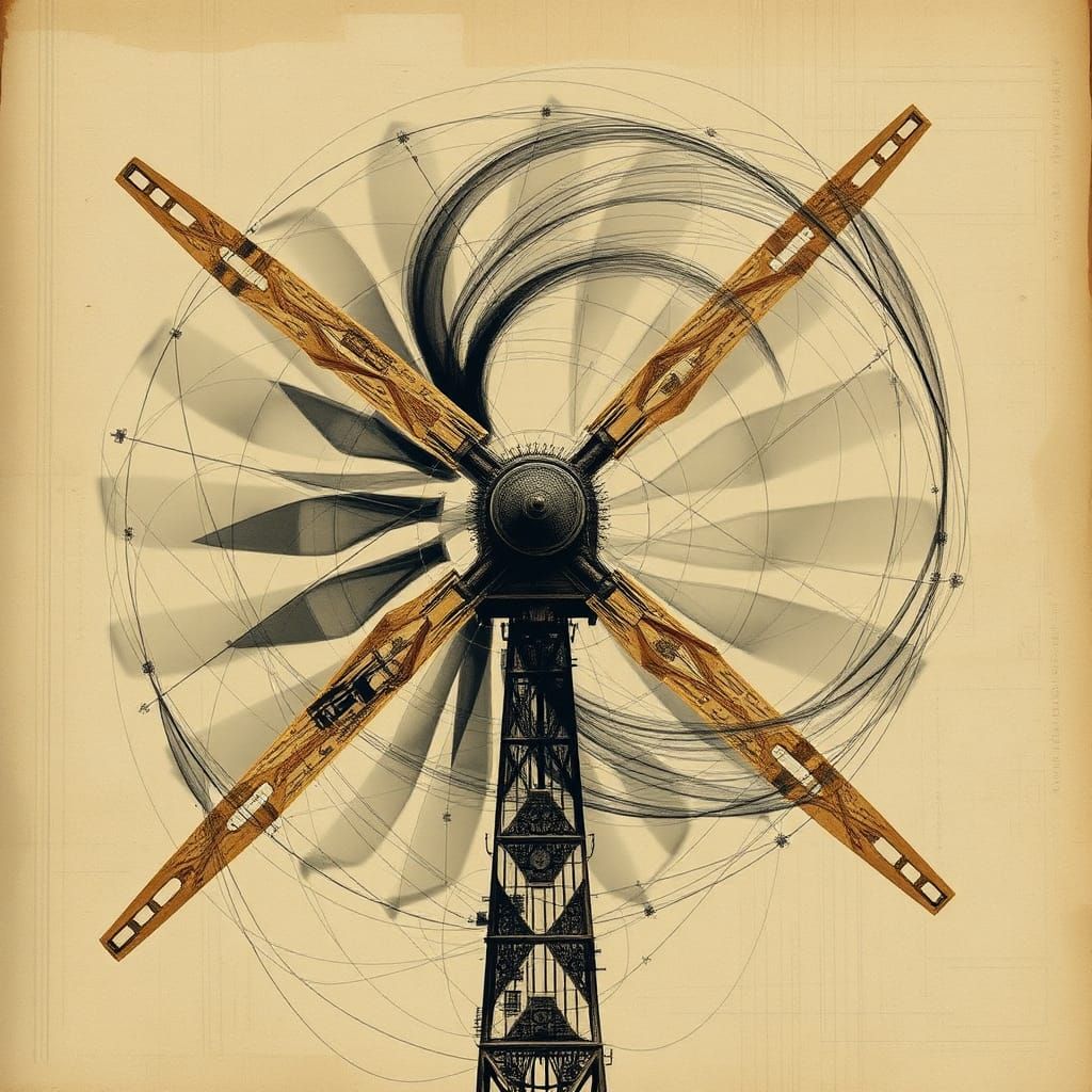Wind Turbine Double Exposure Inspired by Da Vinci