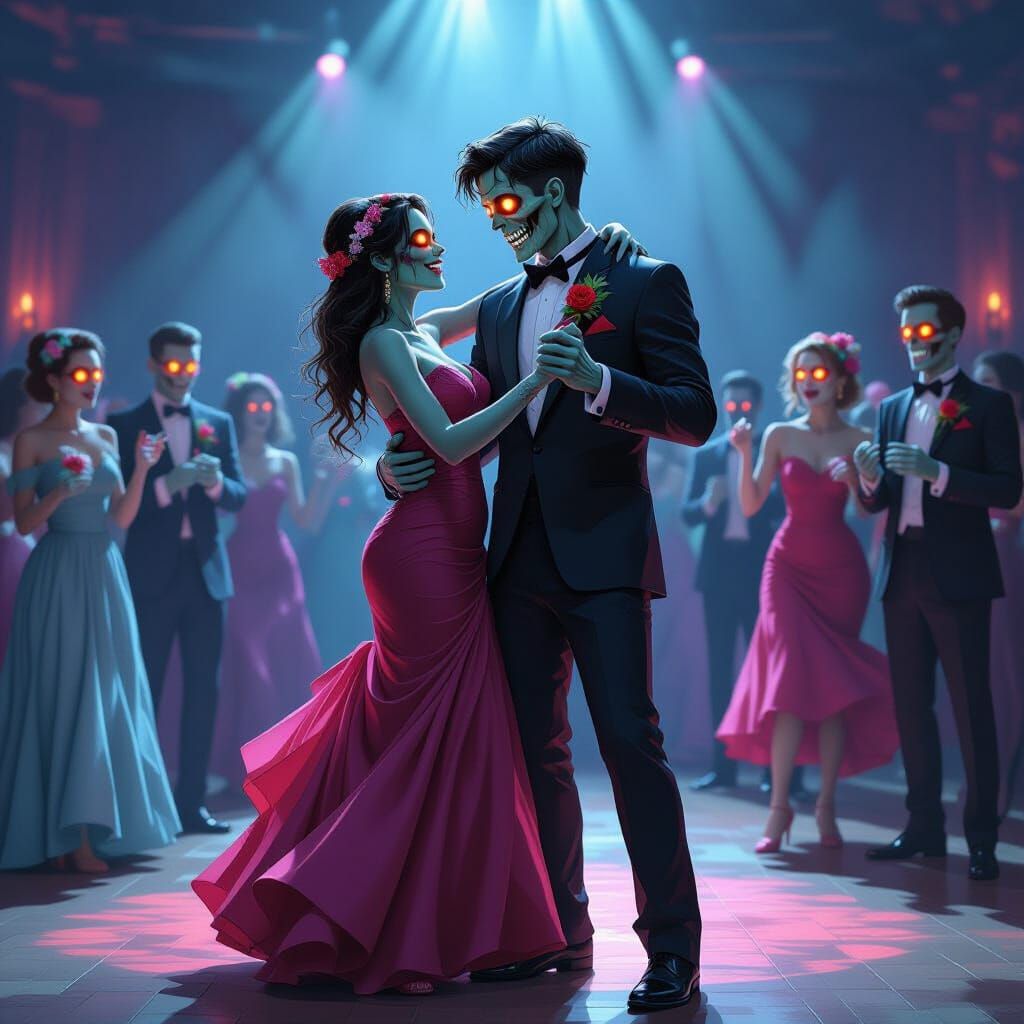 Zombie Prom Night: Undead Dancers in Eerie Glow