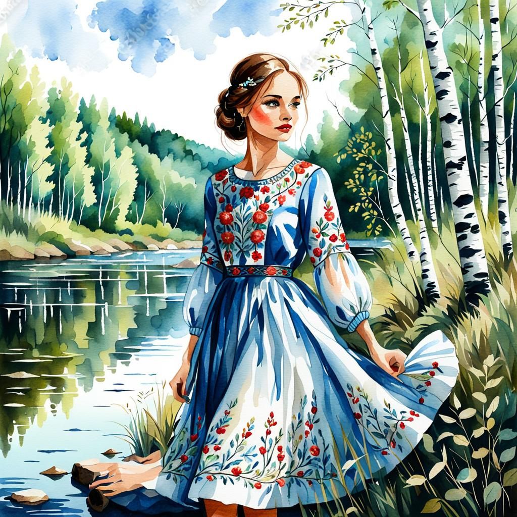 Girl in Embroidered Dress, Watercolor Sketch