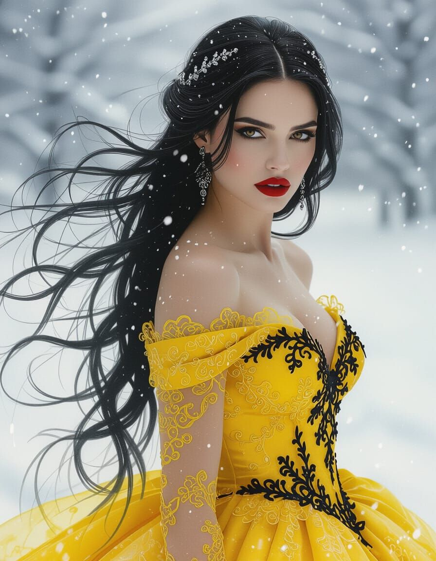 Gothic Bride in Yellow Dress Against Snowy Landscape