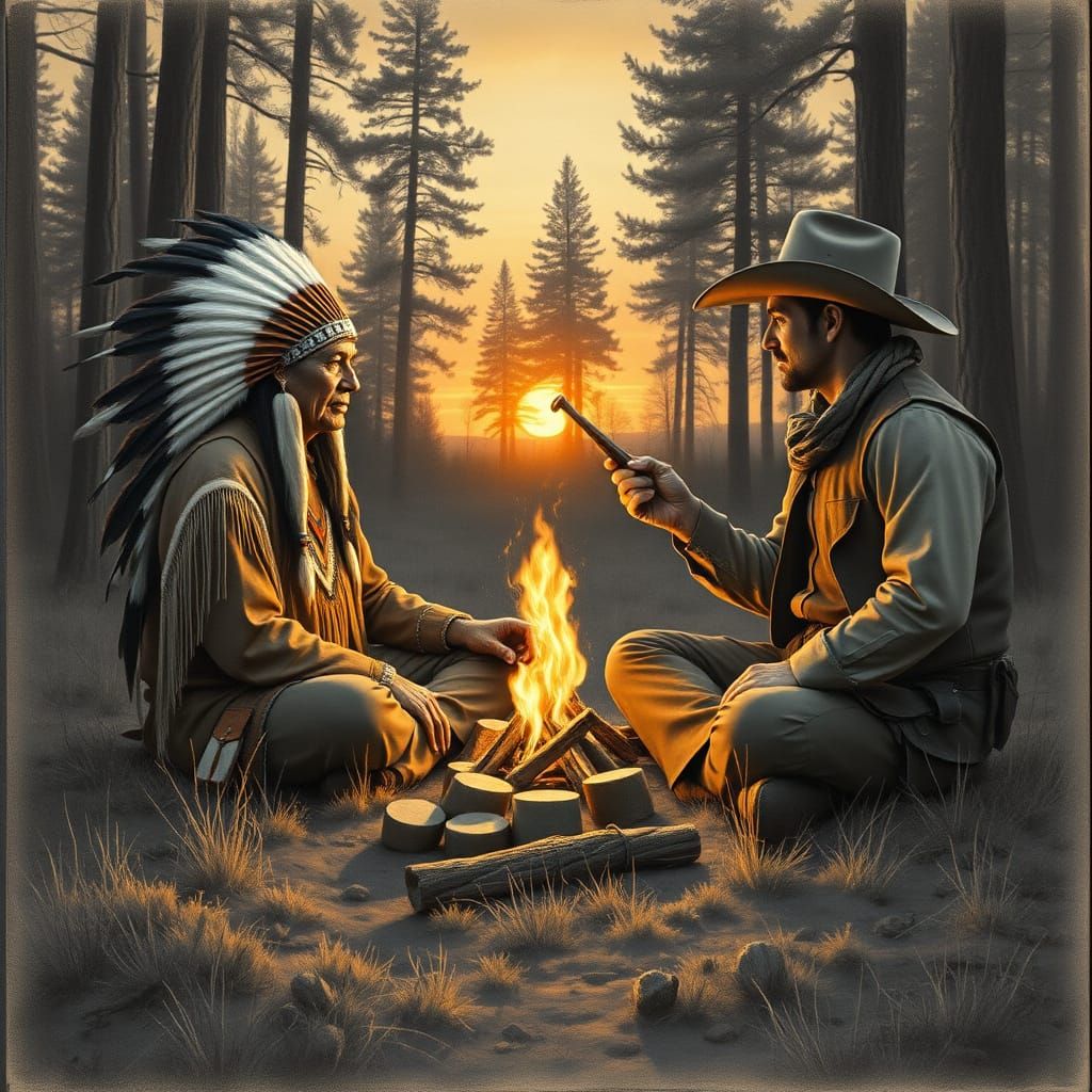 Native American Chief and Cowboy Share Peace in a Sunset For...