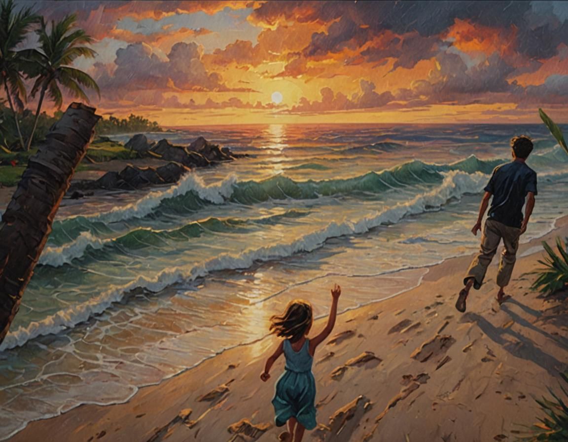 Beach Reunion: Daughter and Father in Oil Painting Style