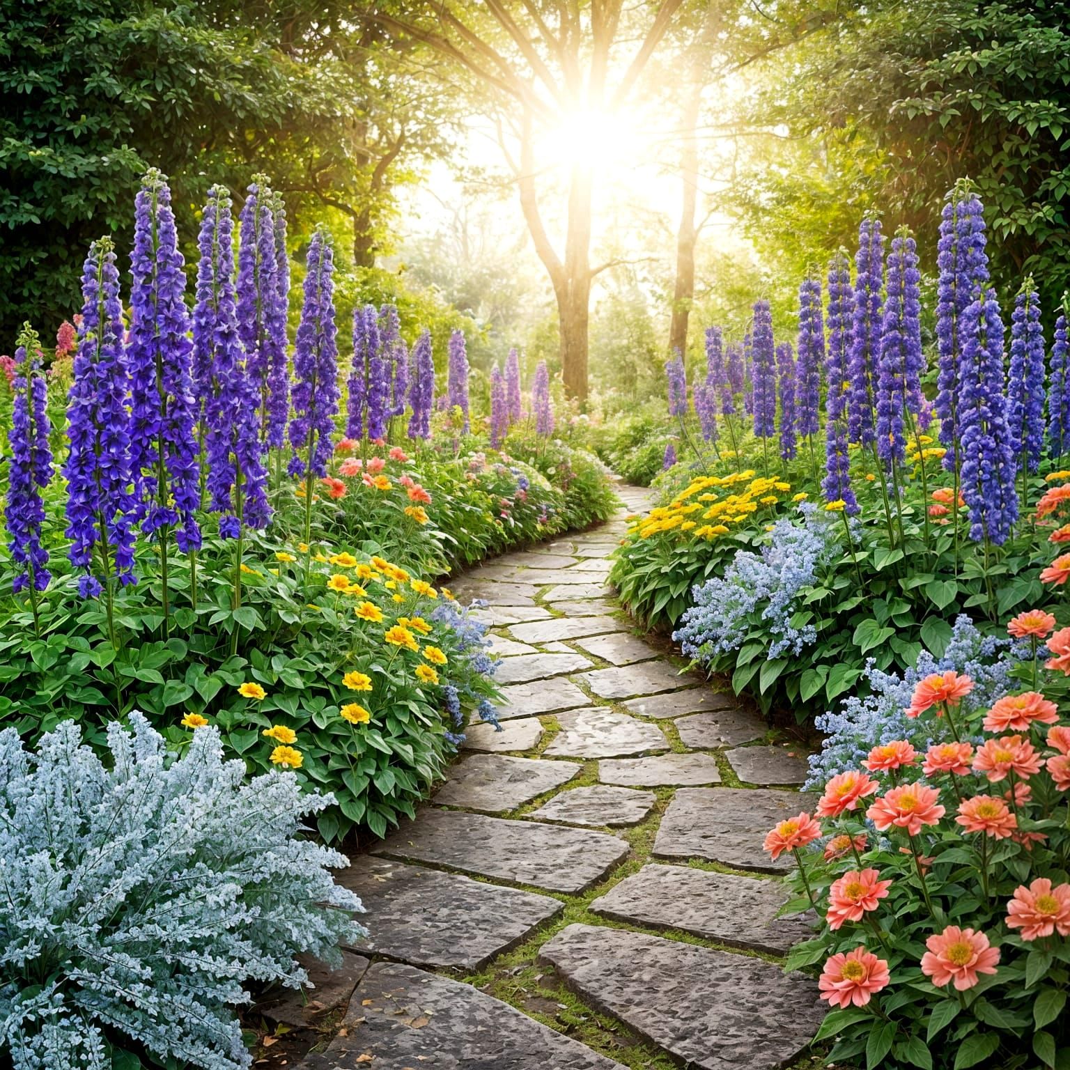 Ethereal Morning Garden Sanctuary with Majestic Delphiniums