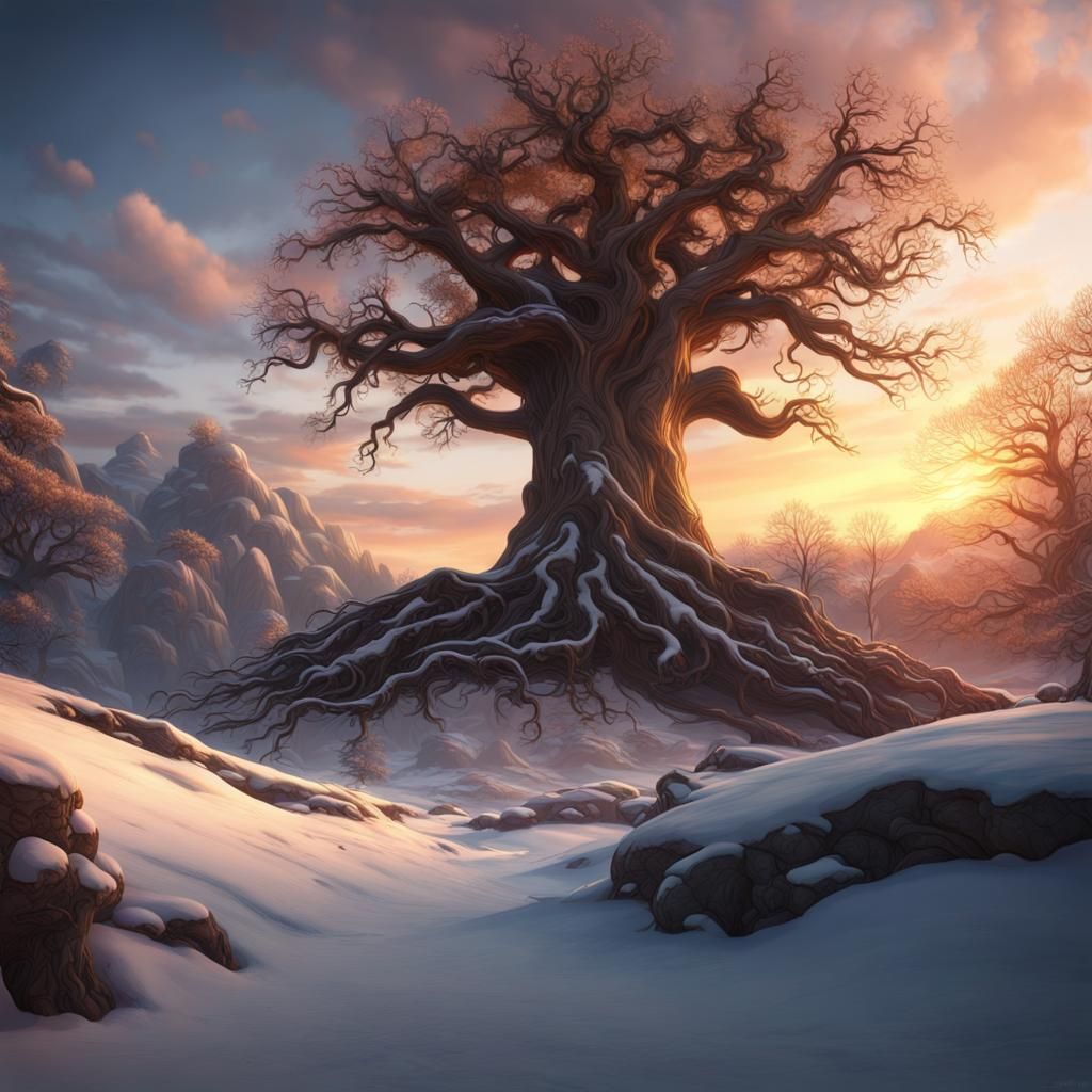 Tree with Roots in Snow at Sunset