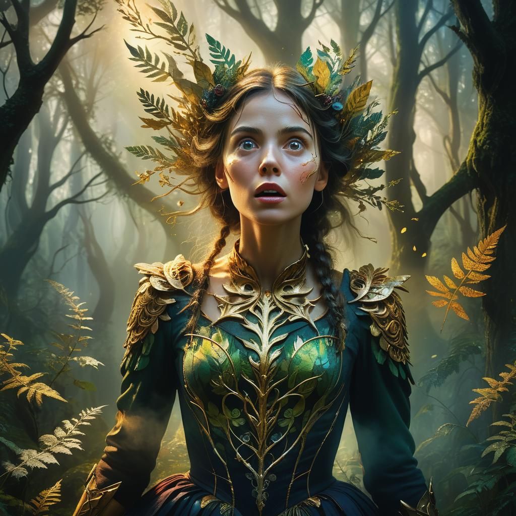 Surprised Woman in Mystical Forest, Fantasy Style