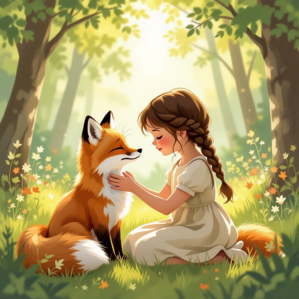 Fox and Girl in Sun-Dappled Forest Clearing Illustration