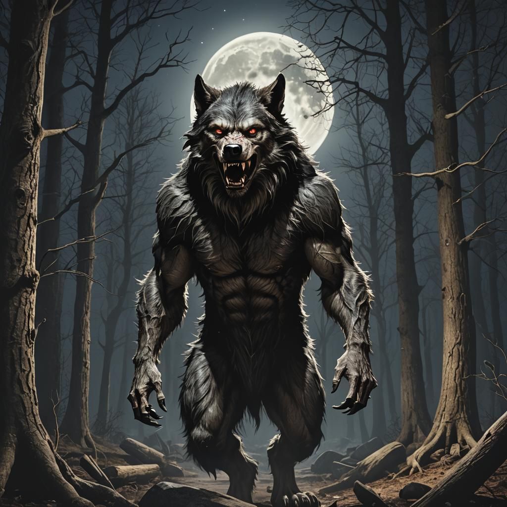 Photorealistic Werewolf in Woods at Full Moon