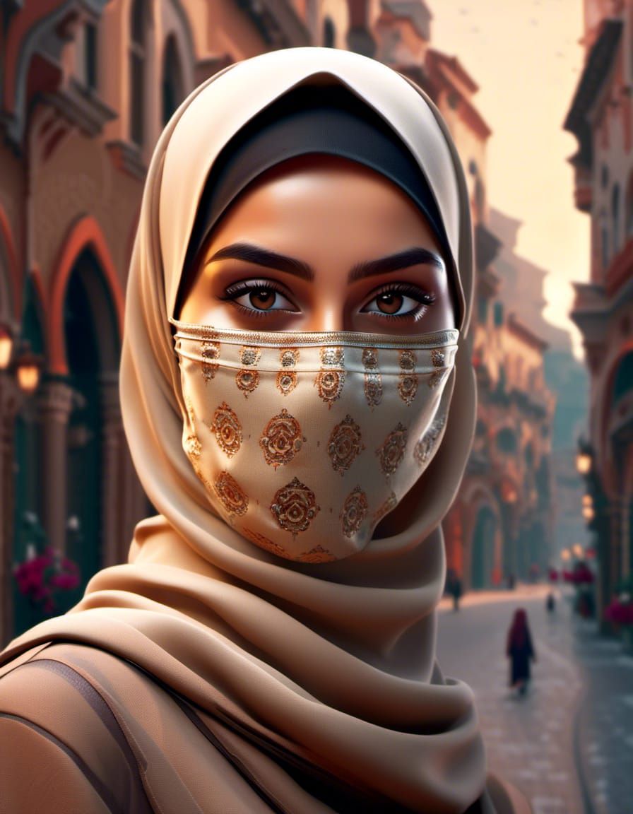 Young Woman in Hijab and Mask, Oil Painting