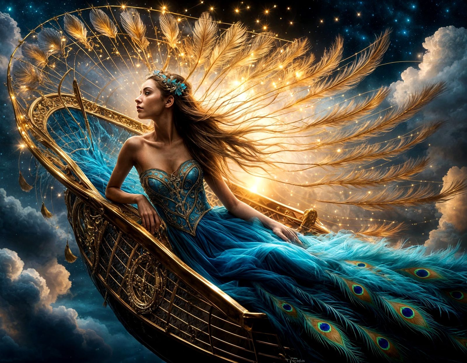 Girl in a Bioluminescent Peacock Skyboat Amidst Whirling Clo...