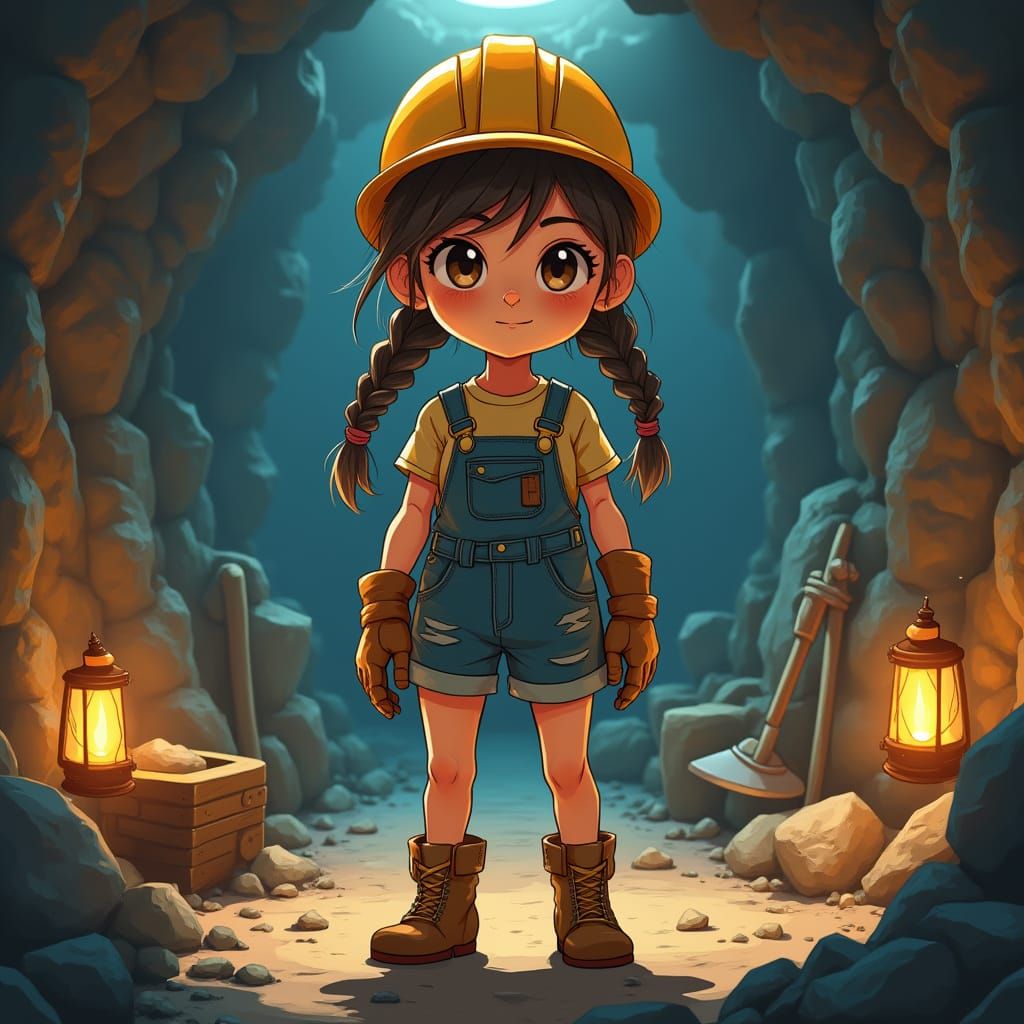Whimsical Anime Miner Girl in Vibrant Mining Tunnels