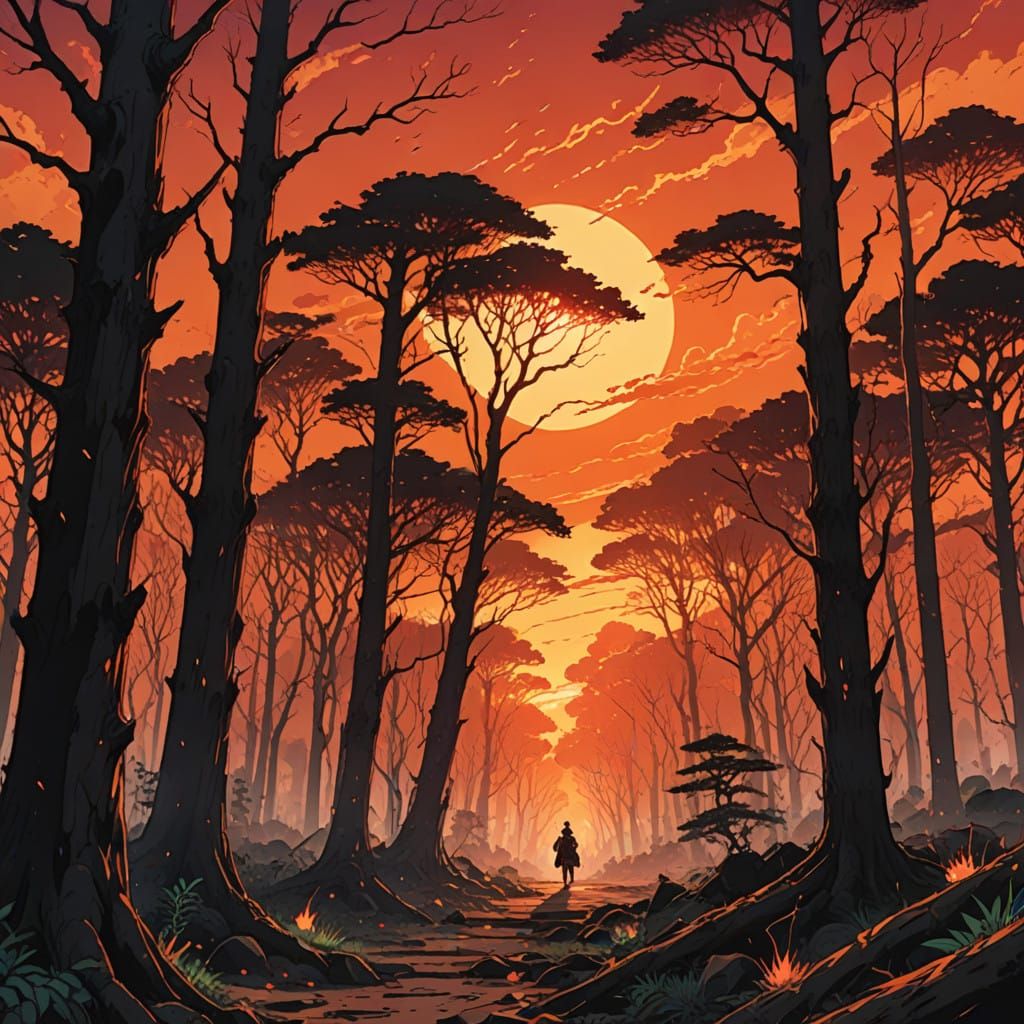 Surreal Anime-Inspired Flames Engulf Forest in Blazing Sunse...