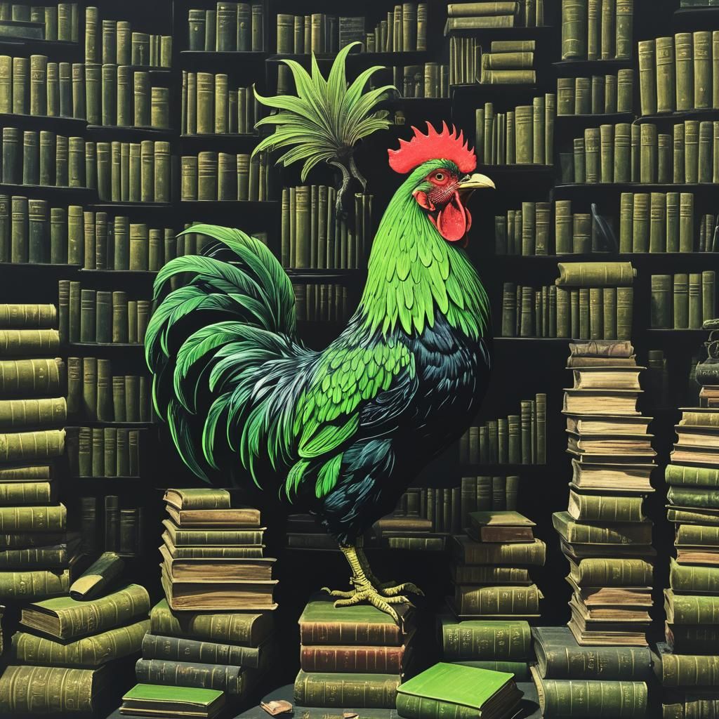 Fluorescent Rooster in Dark Library