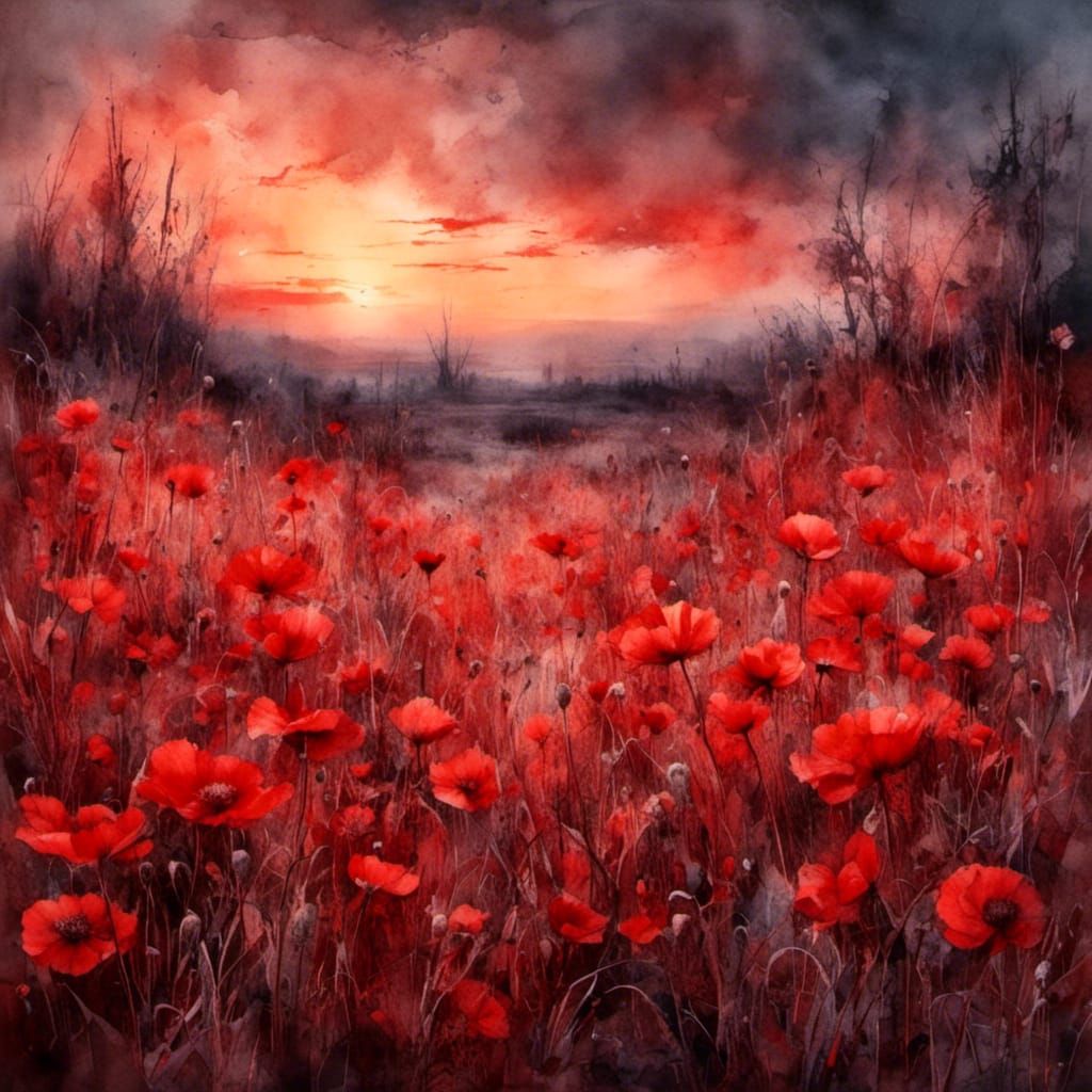 Scarlet Sunset Flower Field in Da Vinci Style