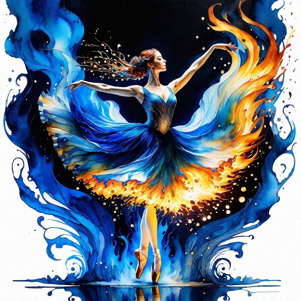 Ballerina Made of Blue Flames: Alcohol Ink and Watercolor