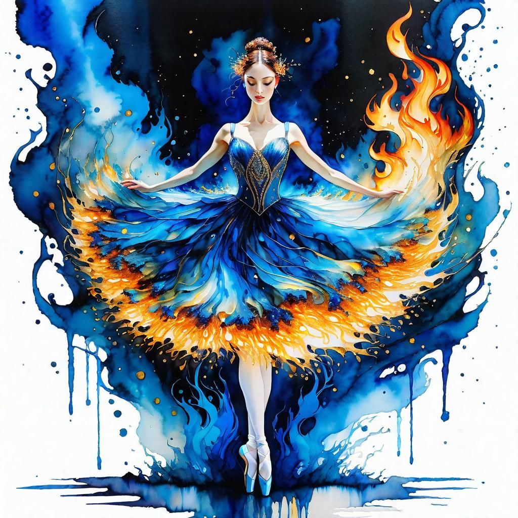 Flaming Ballerina in Klimt-Inspired Alcohol Ink Style