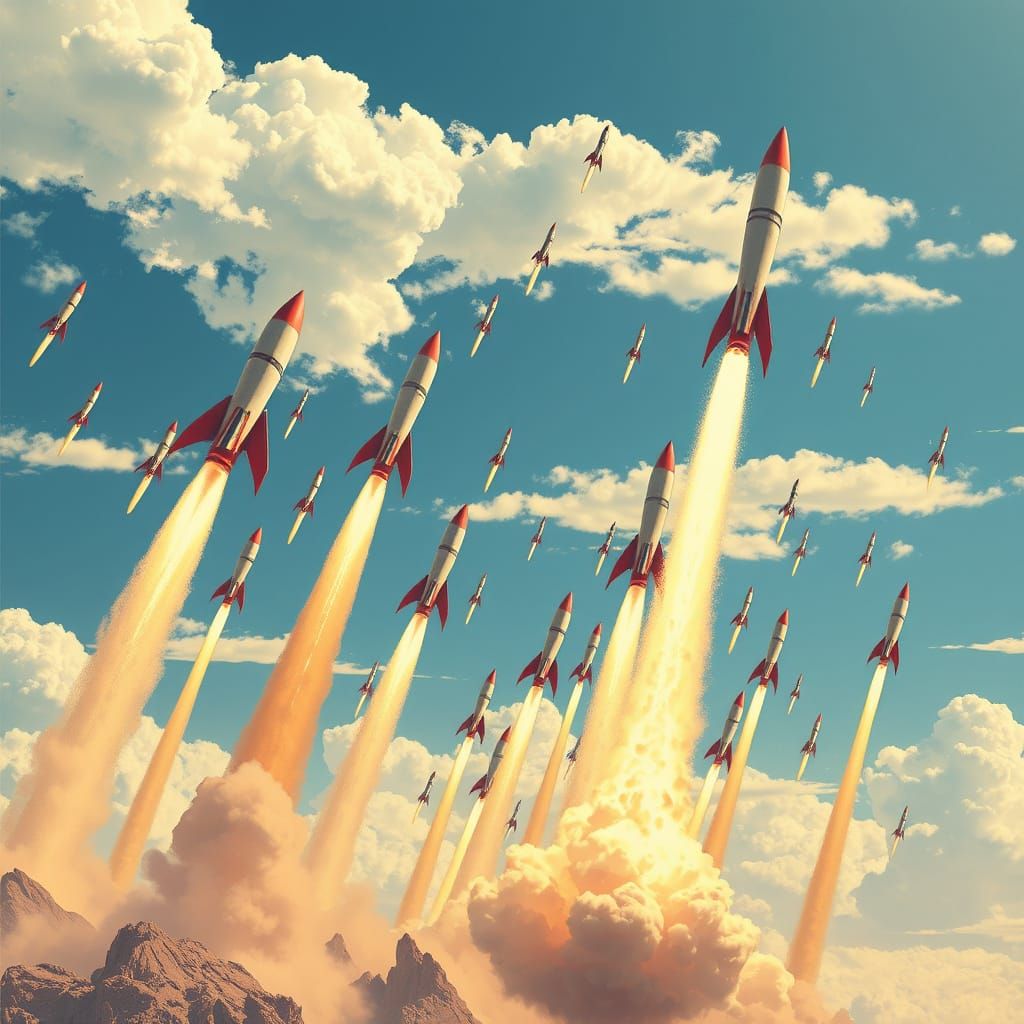 Sleek Futuristic Rockets Launch into Vibrant Blue Sky