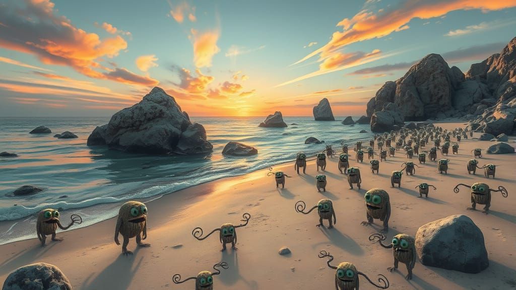 Melancholic Monsters on a Whimsical Beach, Surreal Art