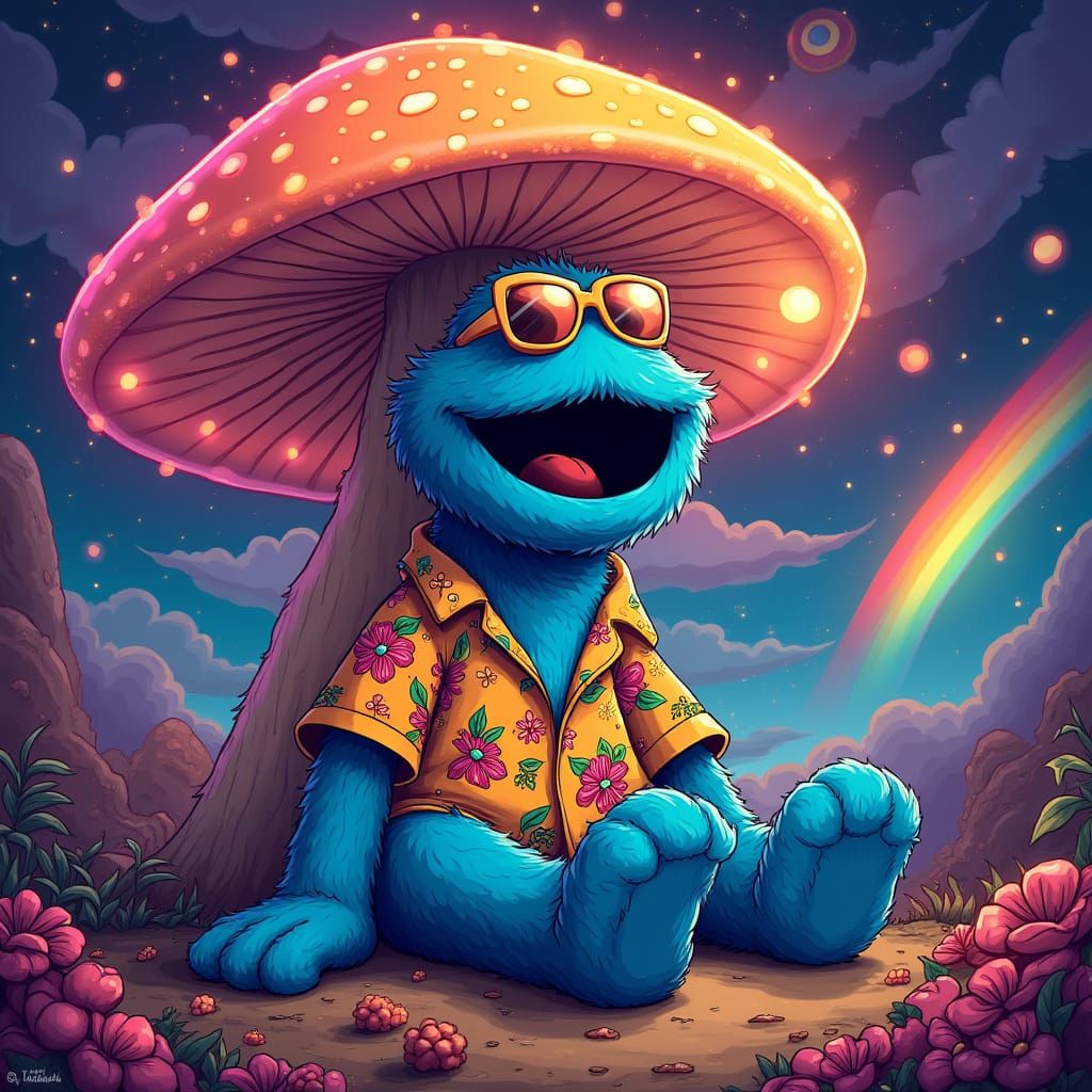 Glowing Mushroom Scene in Vibrant Psychedelic Style