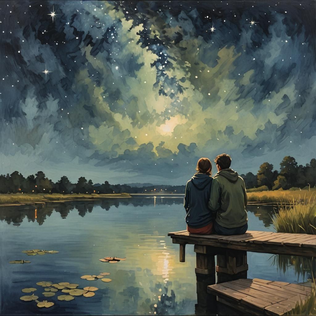 Lovers Watching Night Sky Painting