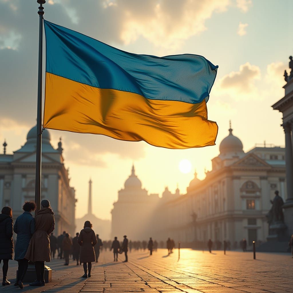 Ukrainian Flag Waving in Maidan Square: Fantasy Concept Art