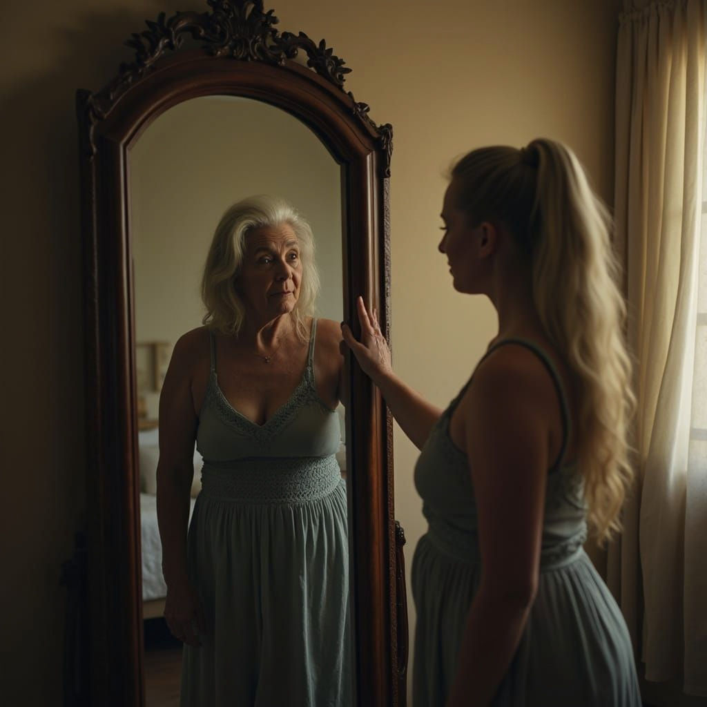 Elderly Woman's Reflection: A Nostalgic Journey Through Time