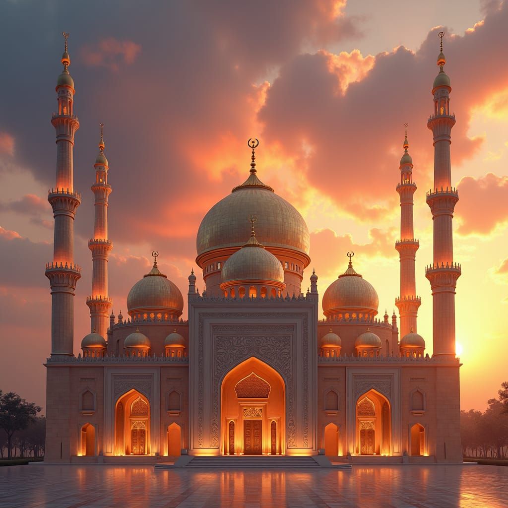 Majestic Mosque with Golden Dome at Sunset