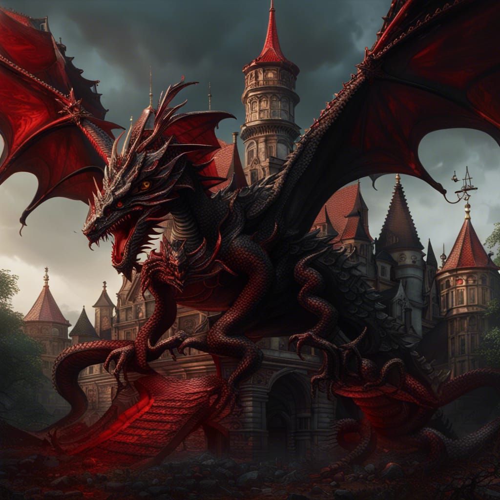 Rococo Dragon Attacks Gothic Castle in Hyperrealism