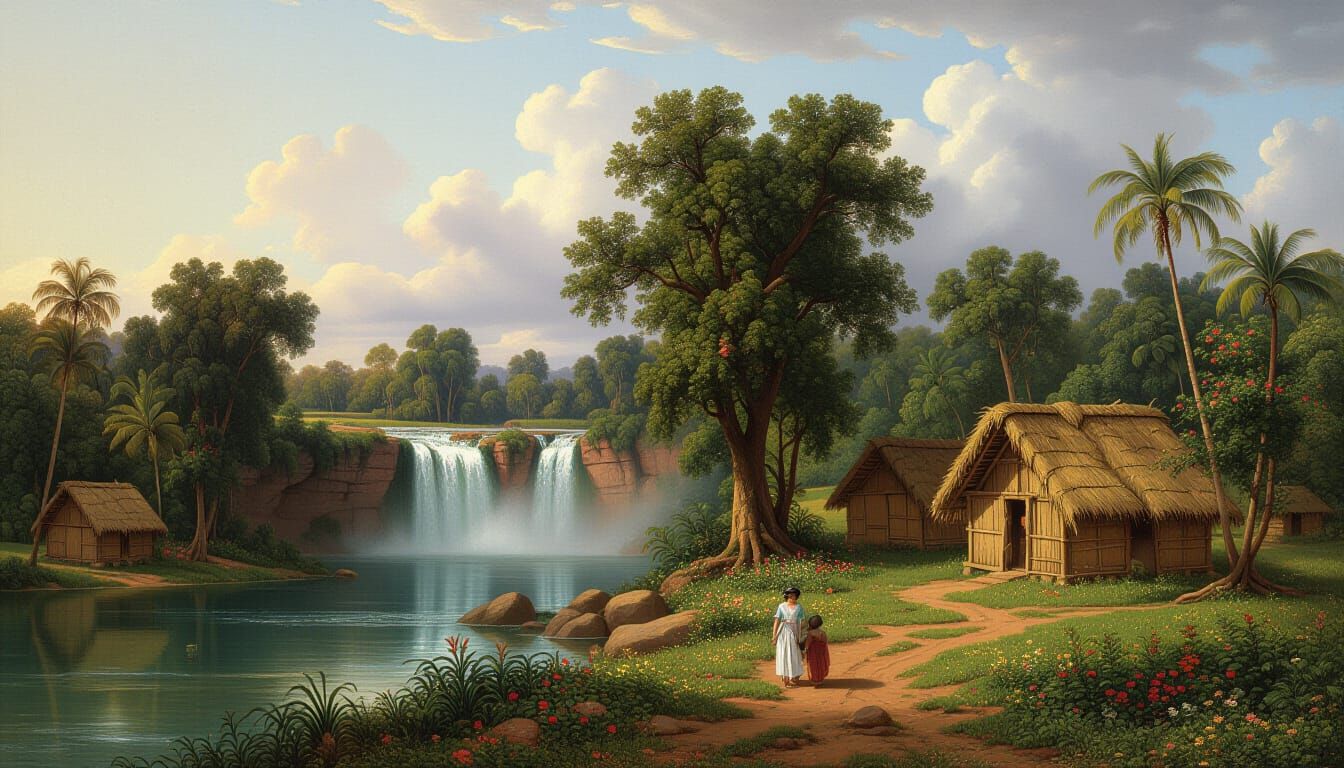 Lush Rainforest Landscape with Mud Huts