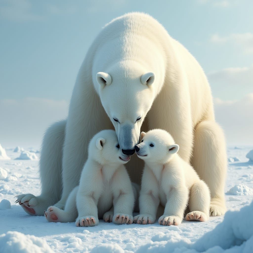 Majestic Polar Bear Mother with Adorable Cubs in Arctic Land...