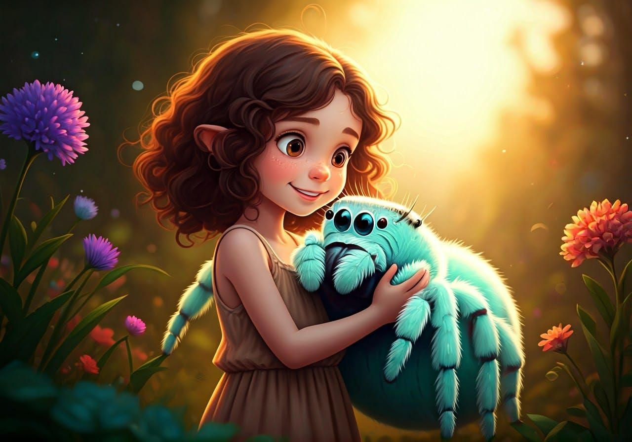 Whimsical Forest Scene with Elven Girl and Jumping Spider