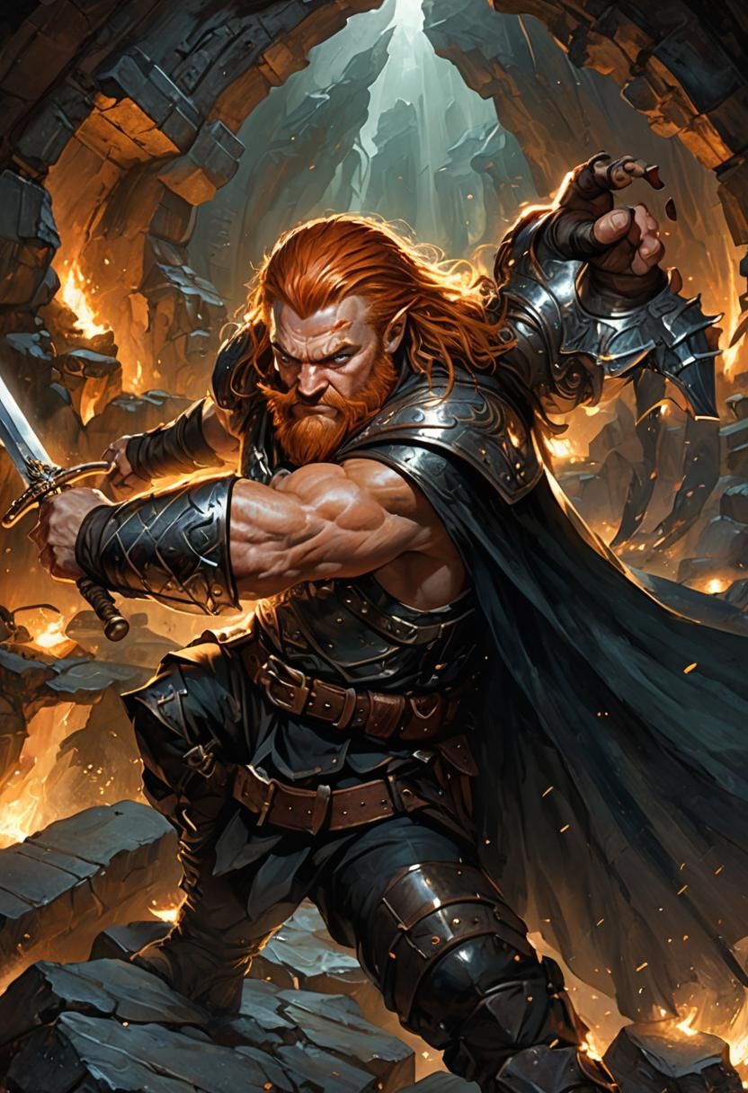 Muscular Dwarf Warrior in Glowing Cavern, Digital Art