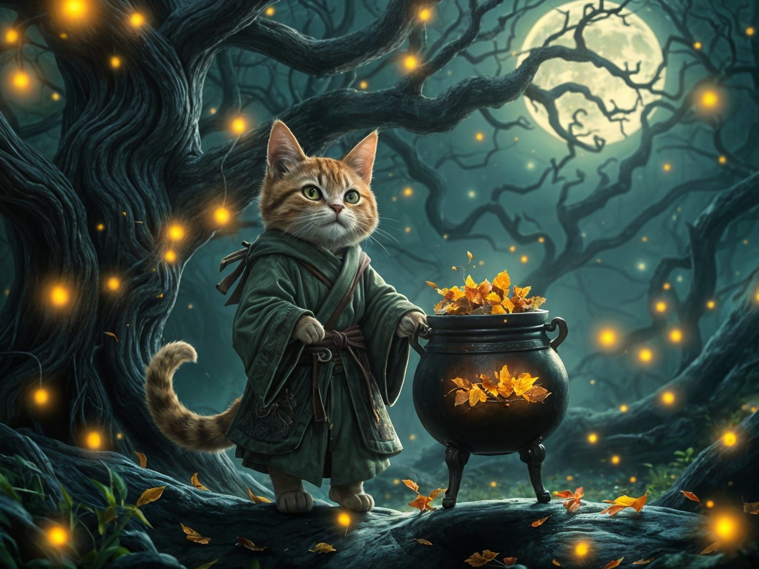 Whimsical Cat Gardener in Moonlit Glade