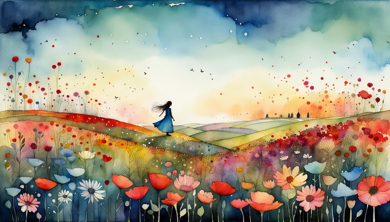 Fields of Colorful Flowers at Dawn in Watercolor