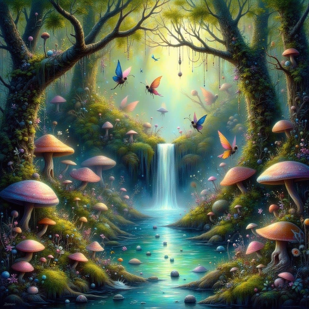Enchanted Forest Clearing with Waterfall in Storybook Style