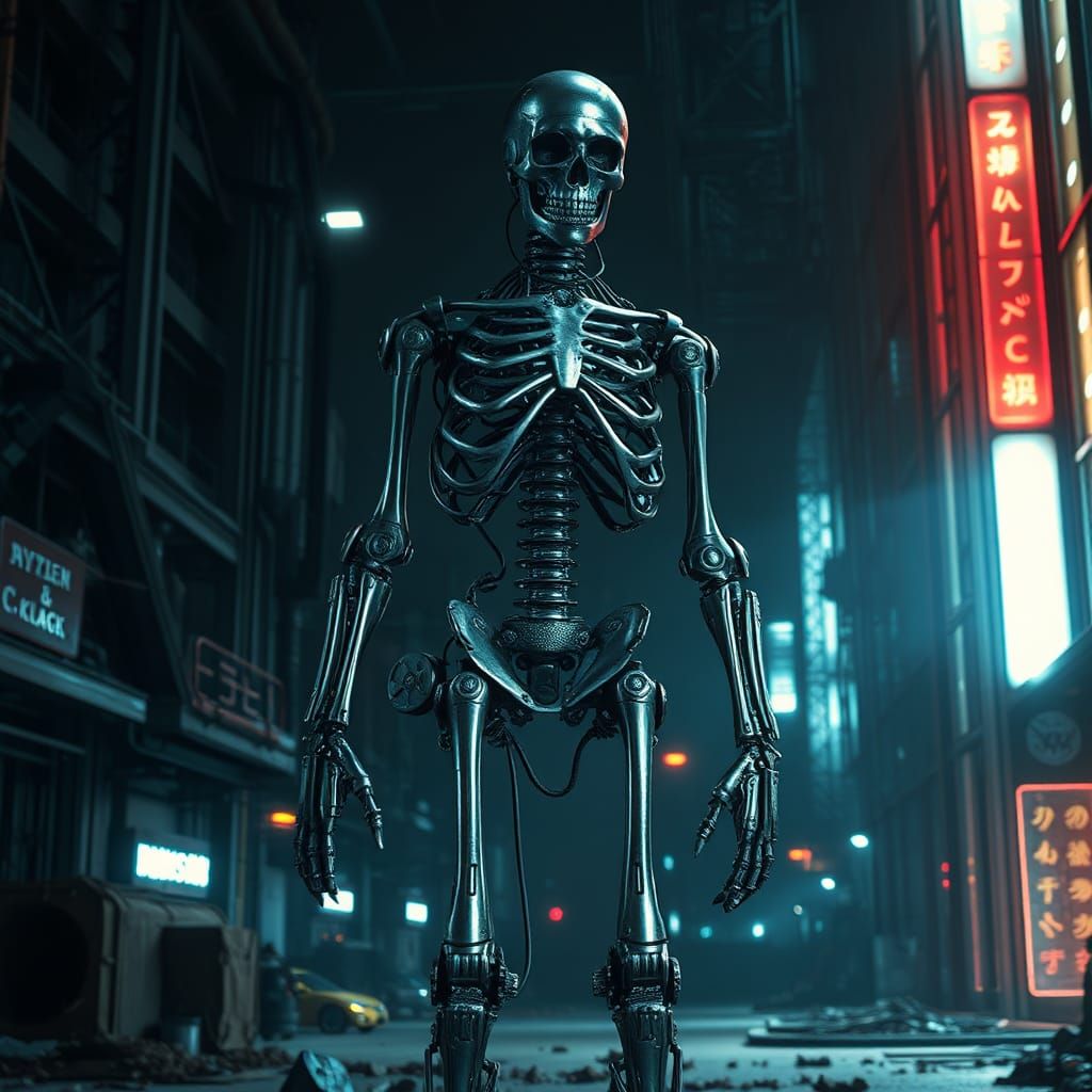 Futuristic Cyborg Skeleton in Dystopian Cityscape