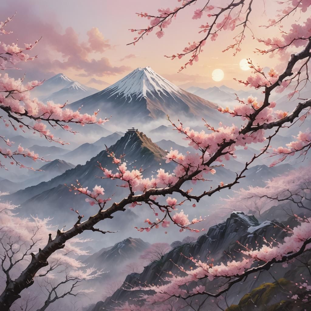 Cherry Blossoms in Snowy Japanese Mountain Scene