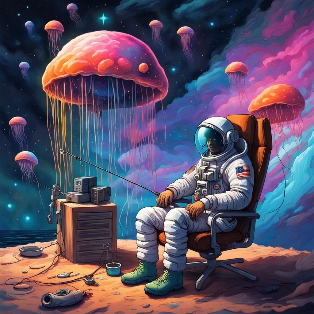 Astronaut Fishing Under Fluorescent Jellyfish Sky