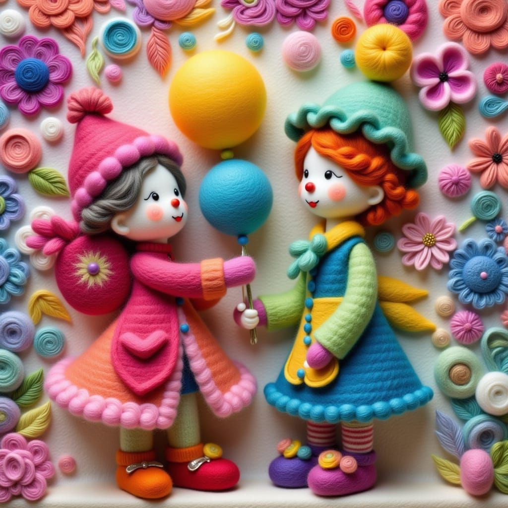 Pastel Clowns Share Balloon in Felted Wool Style