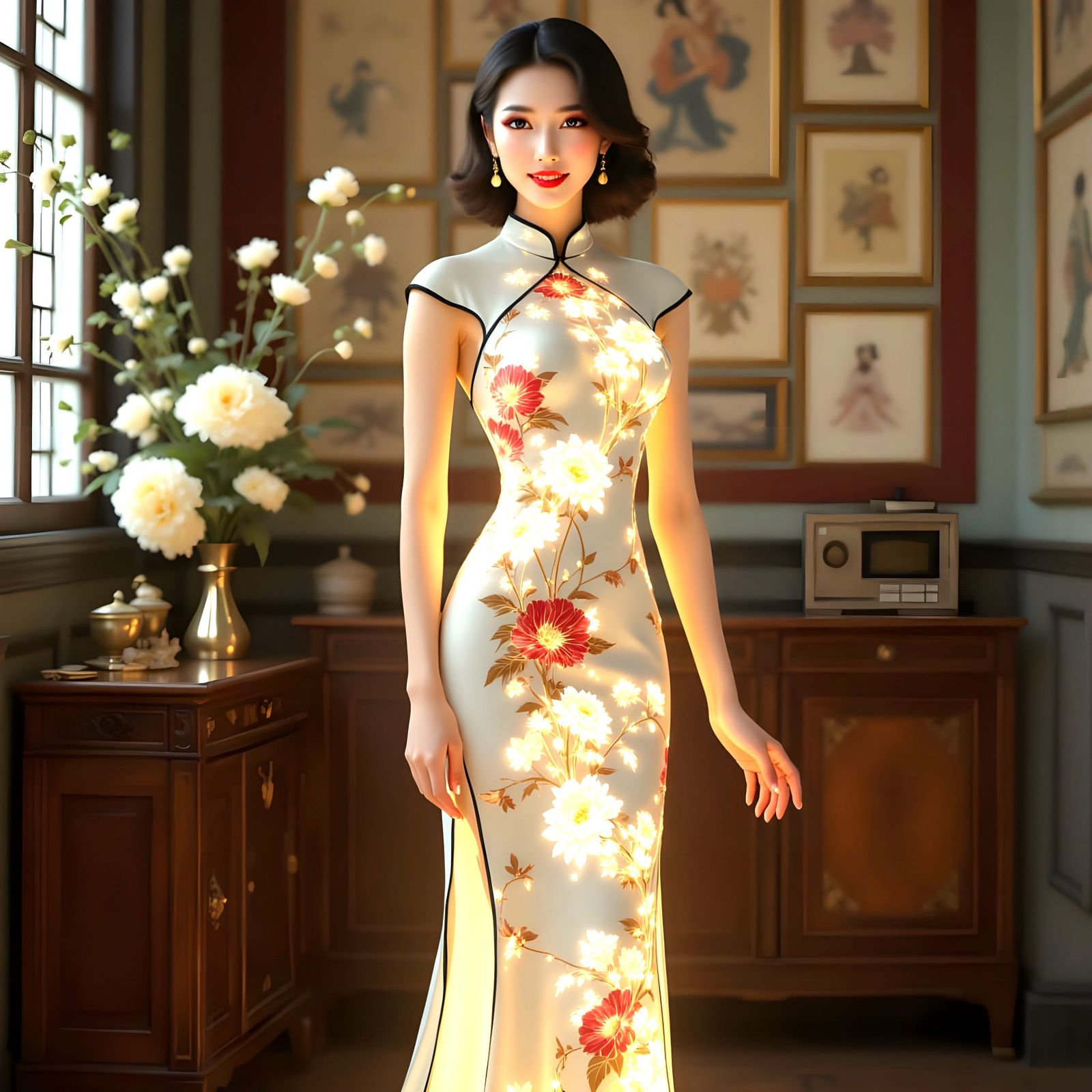 Woman in Luminous Glowing Qipao Dress