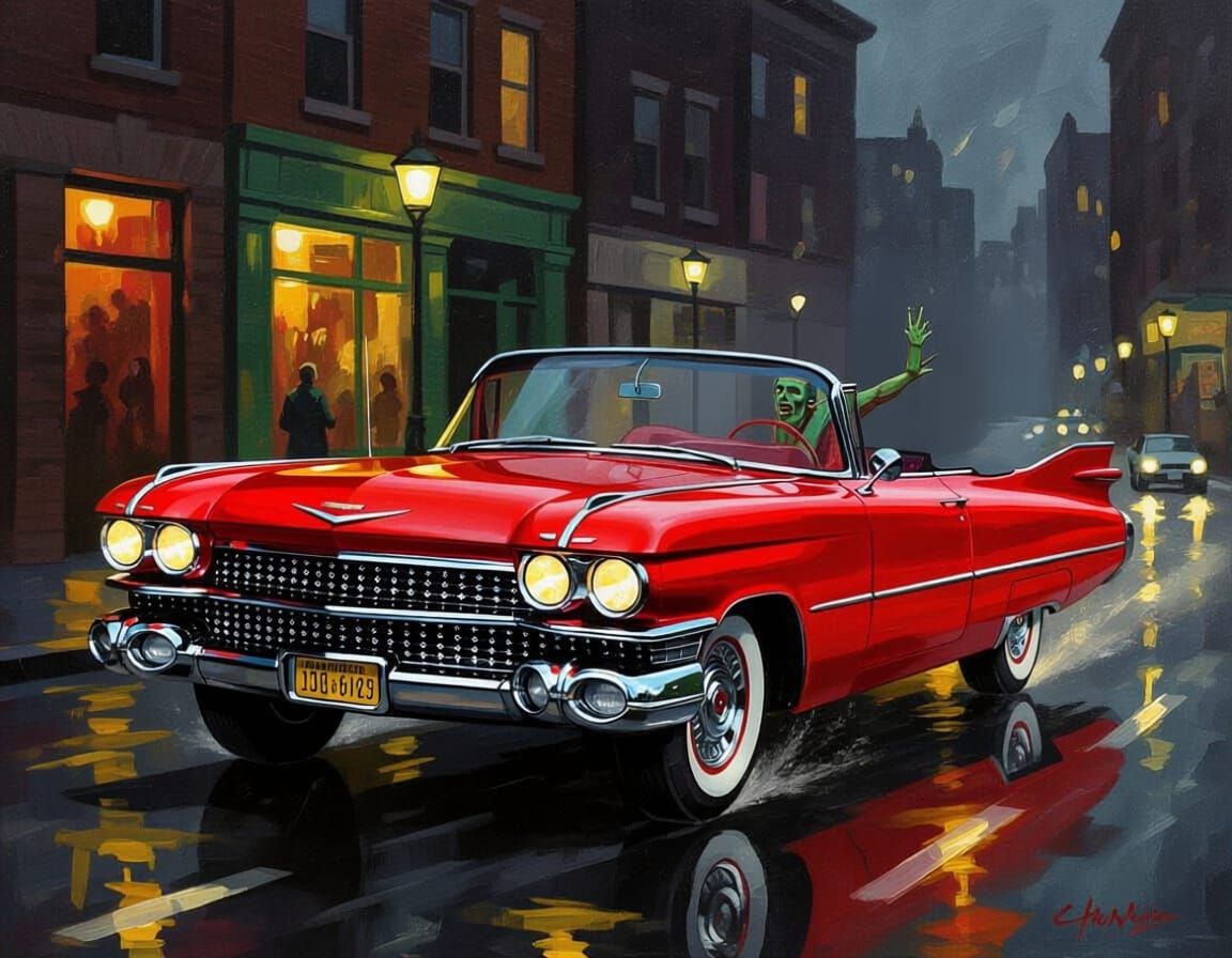 Happy Zombie Drives Red Cadillac in Impressionist Style